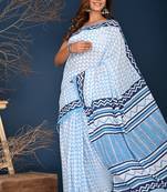 Aqua blue hand block printed cotton saree
