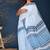 Aqua blue hand block printed cotton saree