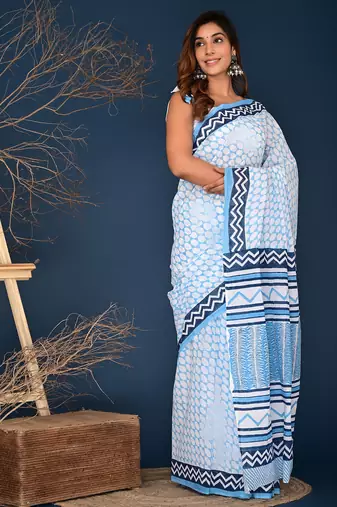 Aqua blue hand block printed cotton saree