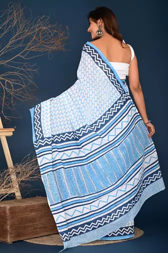 Aqua blue hand block printed cotton saree