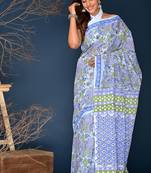 Blue hand block printed cotton saree