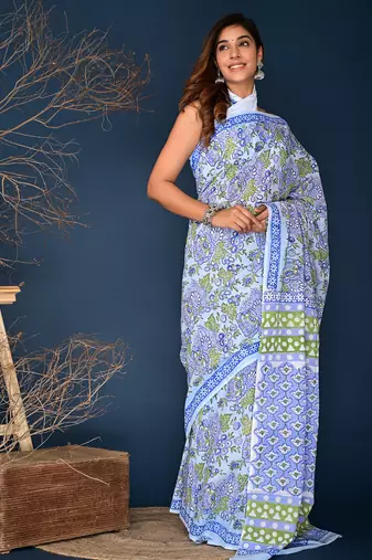 Blue hand block printed cotton saree