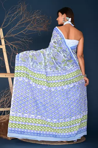 Blue hand block printed cotton saree