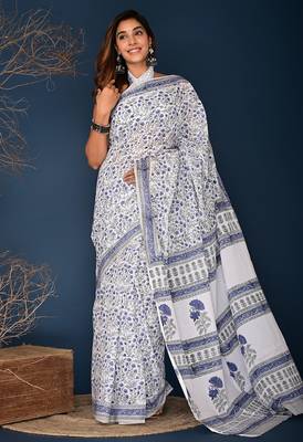 Blue hand block printed cotton saree 1