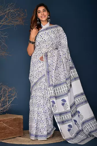 Blue hand block printed cotton saree