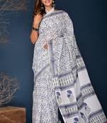 Blue hand block printed cotton saree