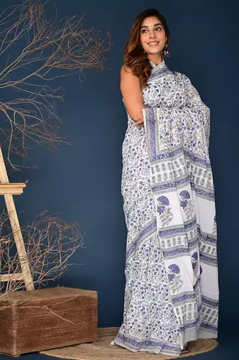 Blue hand block printed cotton saree