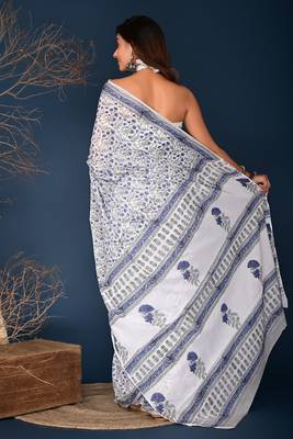 Blue hand block printed cotton saree 3