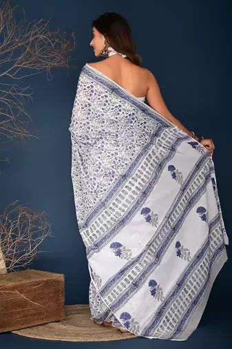 Blue hand block printed cotton saree