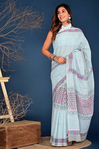 Arctic blue hand block printed cotton saree