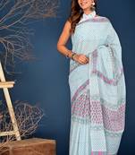 Arctic blue hand block printed cotton saree