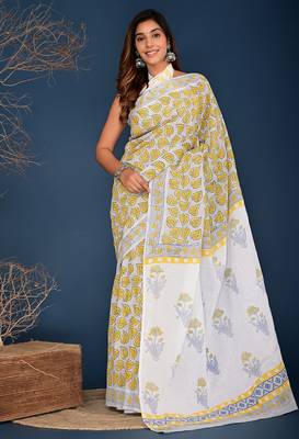 Yellow pan leaf hand block printed cotton saree 1