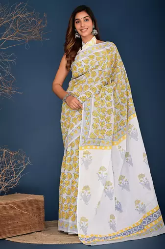 Yellow pan leaf hand block printed cotton saree