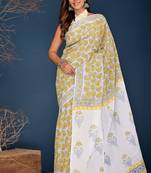 Yellow pan leaf hand block printed cotton saree