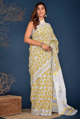 Yellow pan leaf hand block printed cotton saree 2