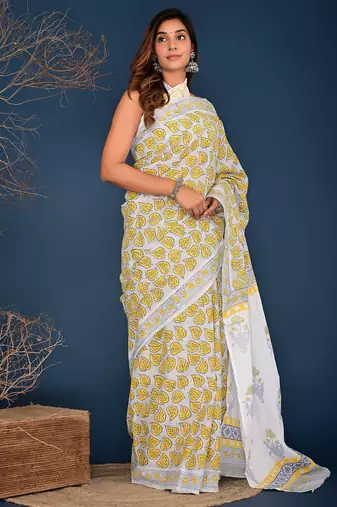 Yellow pan leaf hand block printed cotton saree