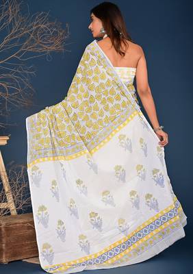 Yellow pan leaf hand block printed cotton saree 3