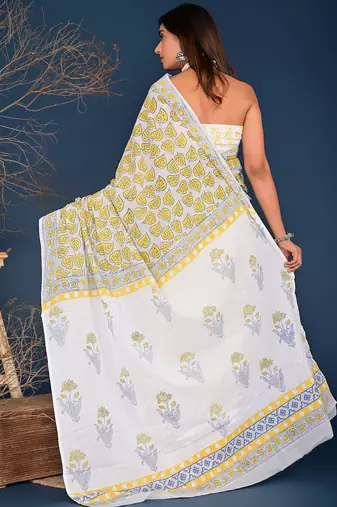 Yellow pan leaf hand block printed cotton saree