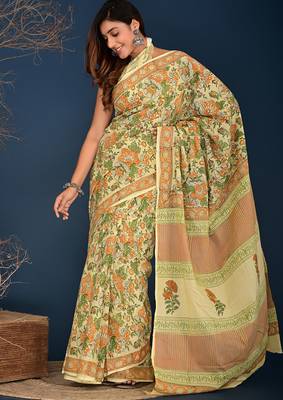 orange green hand block printed cotton saree 1
