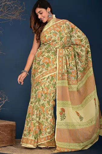 orange green hand block printed cotton saree