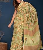 orange green hand block printed cotton saree