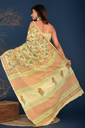 orange green hand block printed cotton saree