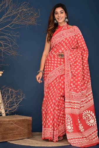 Crimson red hand block printed cotton saree