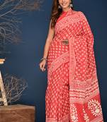 Crimson red hand block printed cotton saree