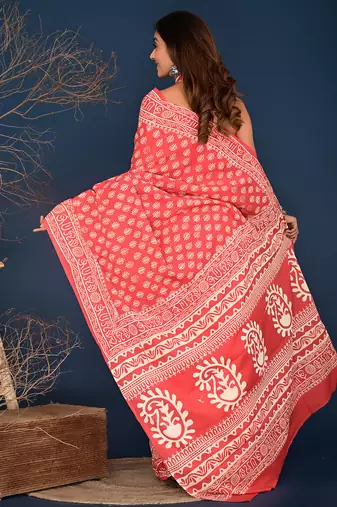 Crimson red hand block printed cotton saree