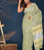 Lemon yellow mughal jal hand block printed cotton saree