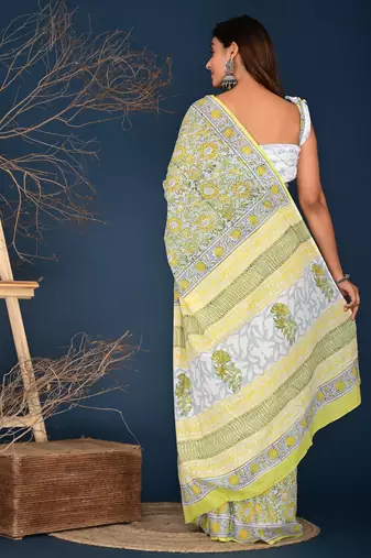 Lemon yellow mughal jal hand block printed cotton saree