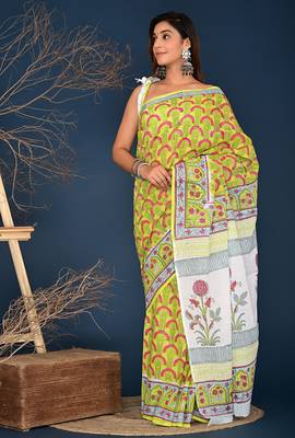 Yellow red hand block printed cotton saree 1