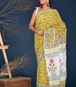 Yellow red hand block printed cotton saree