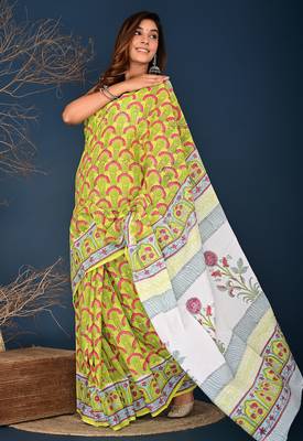 Yellow red hand block printed cotton saree 2