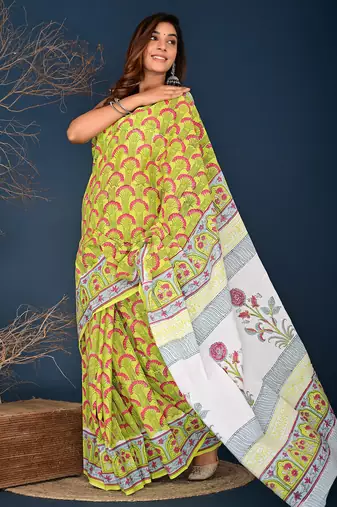 Yellow red hand block printed cotton saree