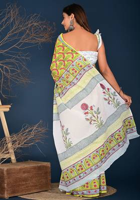 Yellow red hand block printed cotton saree 3