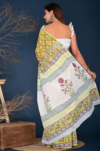 Yellow red hand block printed cotton saree