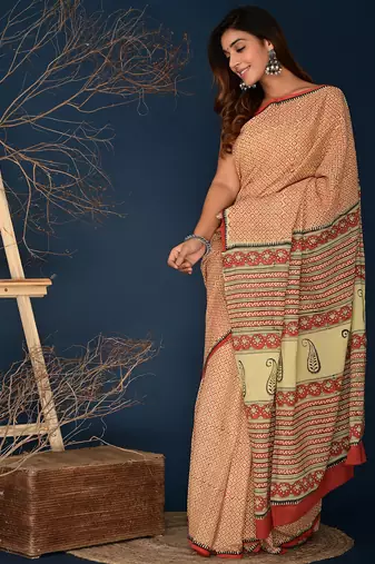 Rosewood marron hand block printed cotton saree