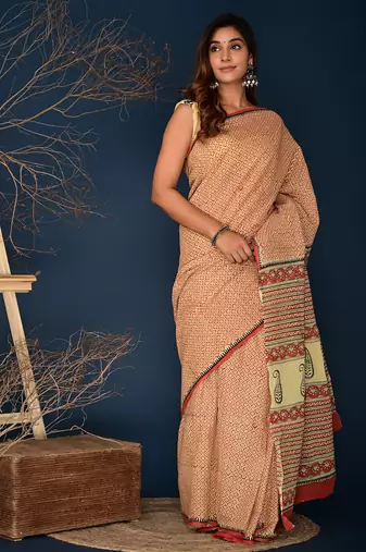 Rosewood marron hand block printed cotton saree