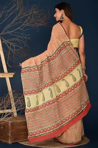 Rosewood marron hand block printed cotton saree