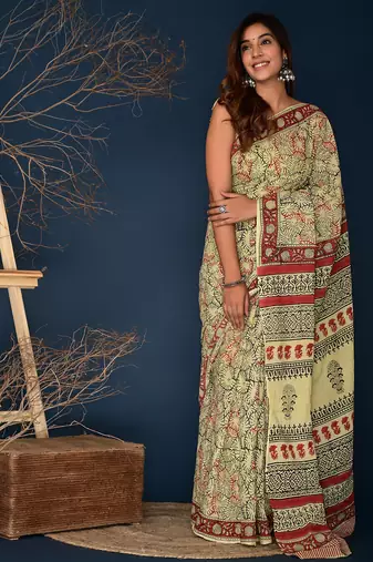 Marron black hand block printed cotton saree