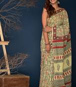 Marron black hand block printed cotton saree