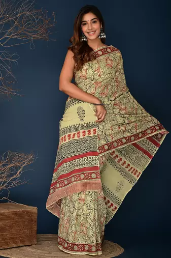 Marron black hand block printed cotton saree