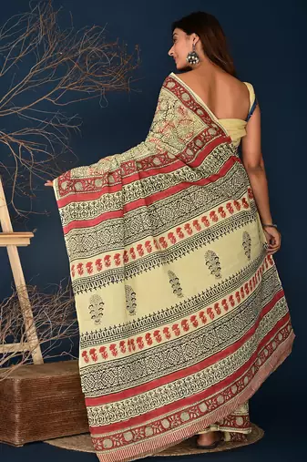 Marron black hand block printed cotton saree