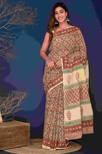 Marron black hand block printed cotton saree