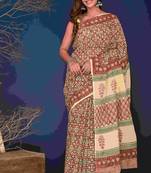 Marron black hand block printed cotton saree