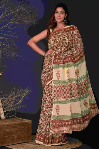 Marron black hand block printed cotton saree