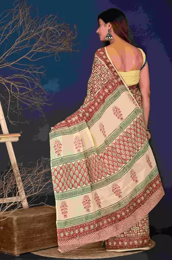 Marron black hand block printed cotton saree