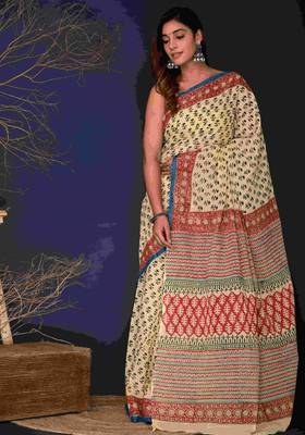 Marron black hand block printed cotton saree 1
