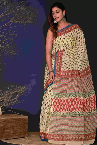 Marron black hand block printed cotton saree